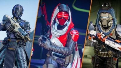 Three Destiny 2 characters in armor, each with unique styles and weapons.