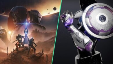 Guardians in armor stand on a desert planet with a large shadowy figure behind them, and a close-up of a character's armored arm and shield.