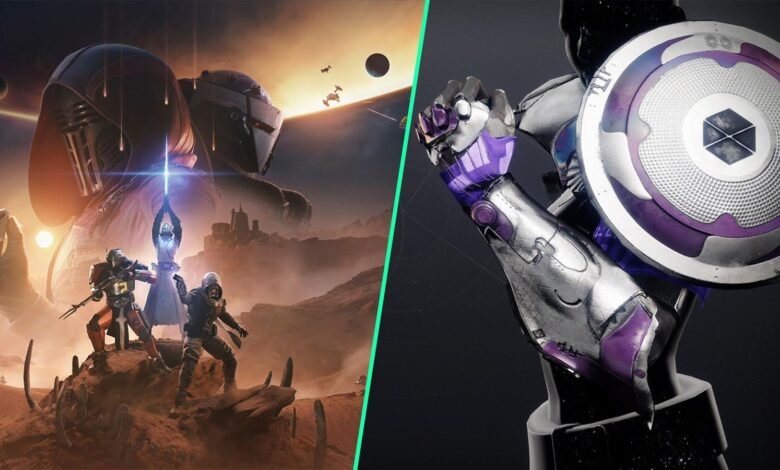 Guardians in armor stand on a desert planet with a large shadowy figure behind them, and a close-up of a character's armored arm and shield.