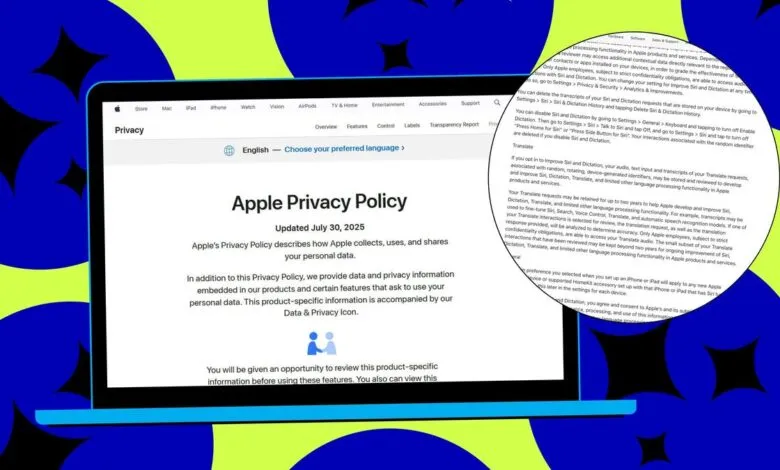 Apple Privacy Policy displayed on a laptop screen with abstract background.