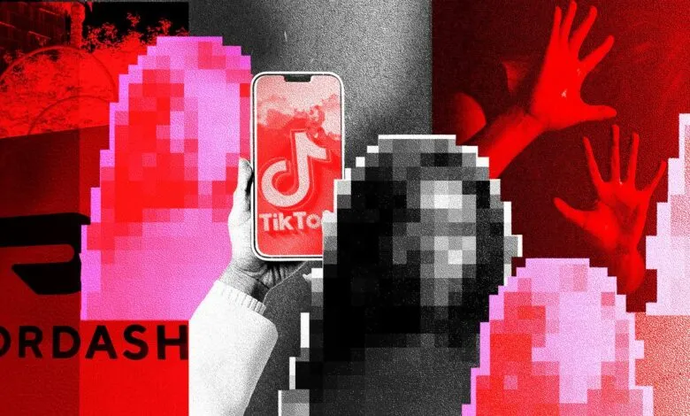 Abstract collage with DoorDash, TikTok, and obscured figures in red and black.