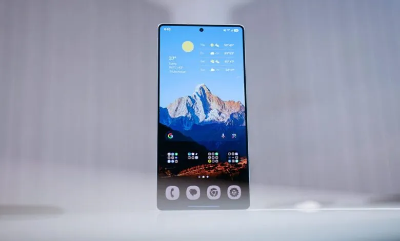 Close-up of a smartphone displaying a mountain landscape wallpaper and weather forecast.
