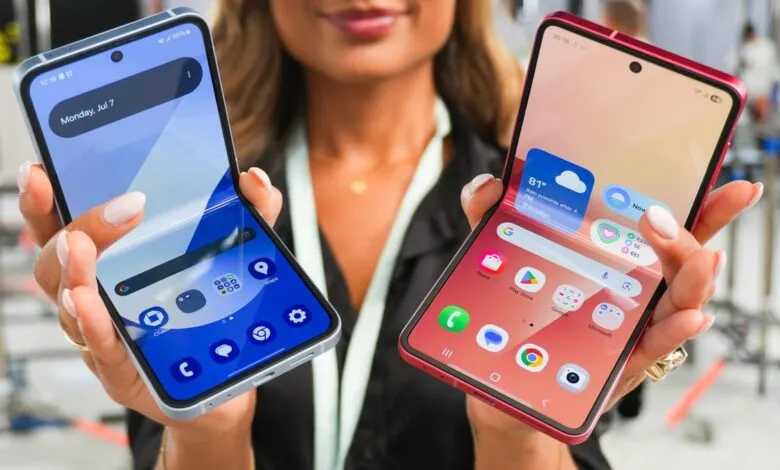 Woman holding two open foldable smartphones, one silver and one pink, displaying app icons and widgets.