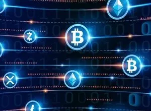 Digital cryptocurrency icons including Bitcoin, Ethereum, Ripple, Litecoin, and Zcash against a backdrop of binary code.