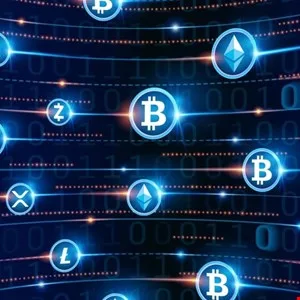 Digital cryptocurrency icons including Bitcoin, Ethereum, Ripple, Litecoin, and Zcash against a backdrop of binary code.