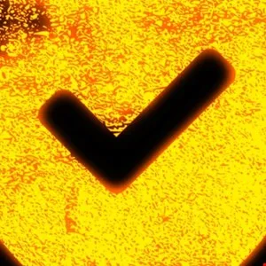 A bold black checkmark symbol against a textured, fiery orange background.