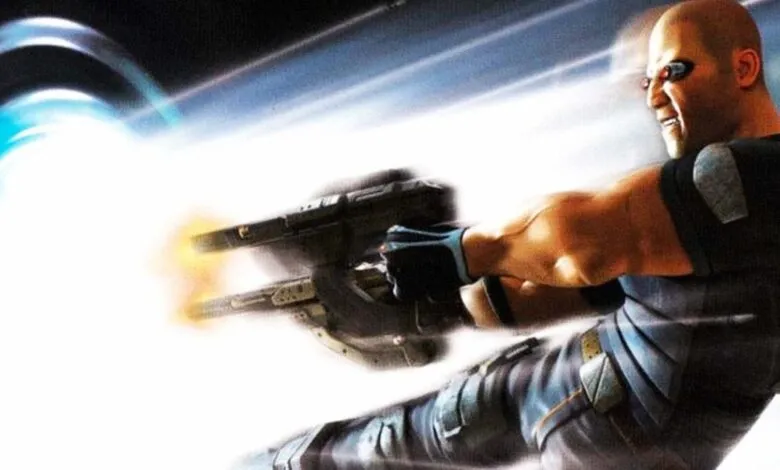 Bald man with gun, shooting in a futuristic setting.