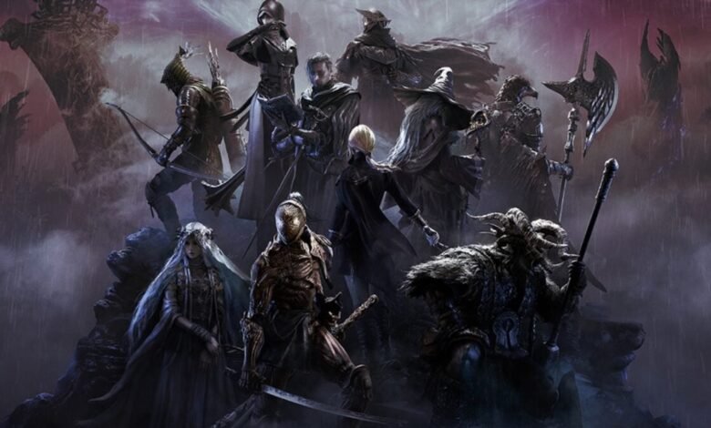 A group of diverse fantasy characters in dark armor and robes stand on rocky terrain.