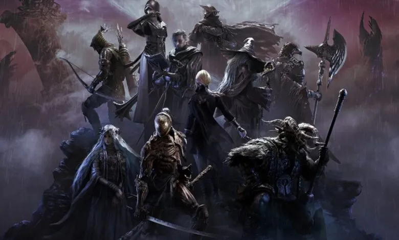 A group of diverse fantasy characters in dark armor and robes stand on rocky terrain.