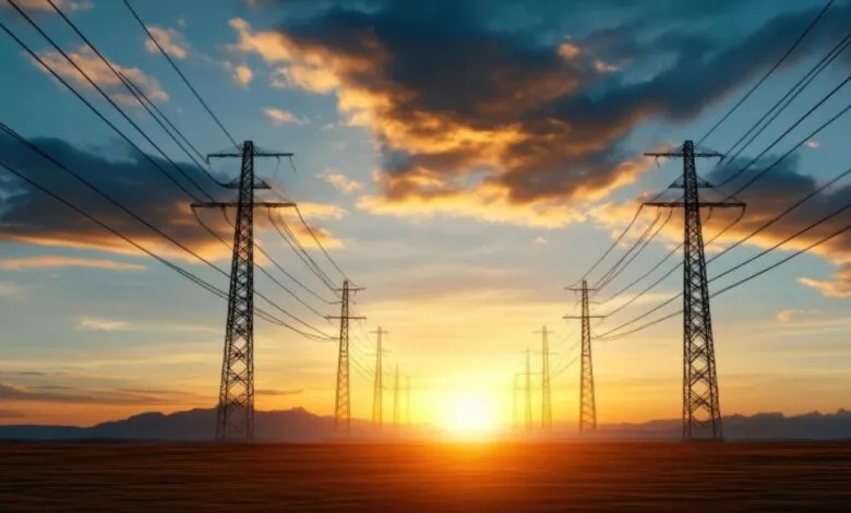 Power lines and transmission towers stretch across a field at sunset.