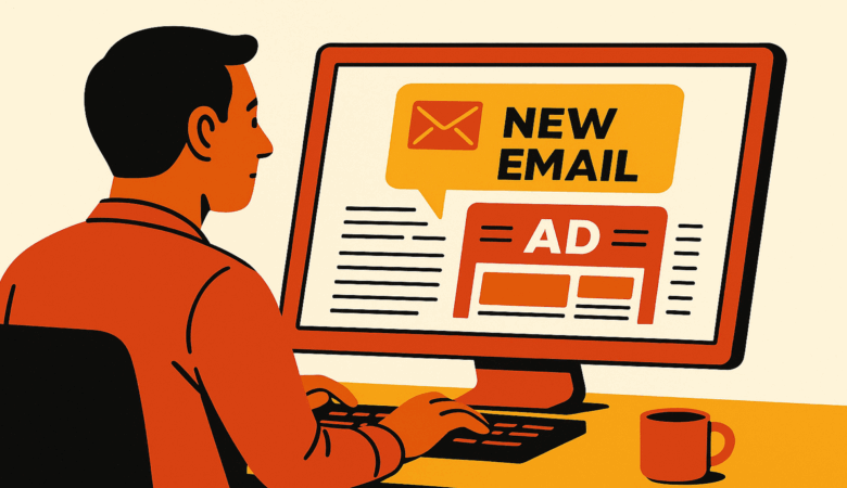 Person at computer with email notification and ad displayed on screen.