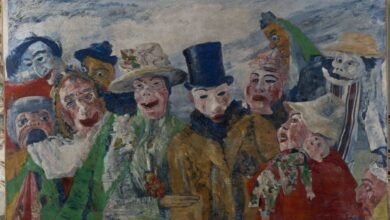 Painting of people wearing masks, some with hats, in a crowded composition.