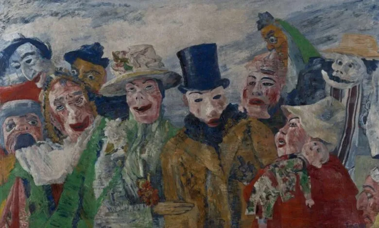 Painting of people wearing masks, some with hats, in a crowded composition.