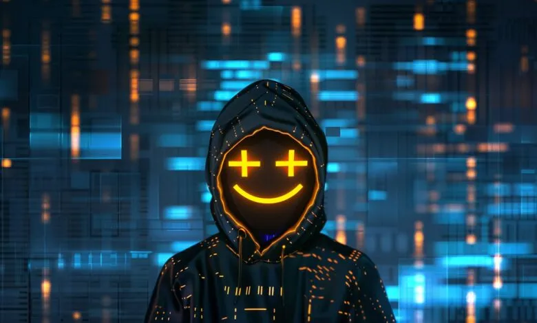 Person in a hooded jacket with a glowing smiley face mask against a digital background.