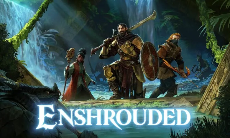 Fantasy adventurers stand before a waterfall with the game title Enshrouded.