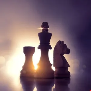 Silhouette of chess pieces: rook, king, and knight, with warm light behind them.
