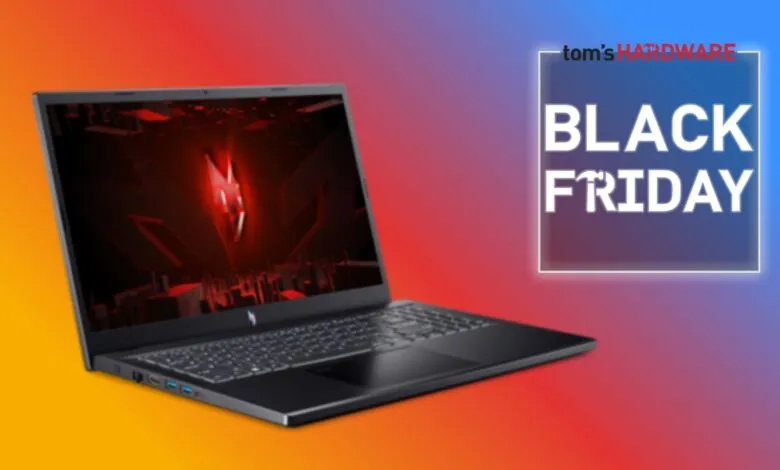 Black laptop with red screen and 'Black Friday' text on a colorful background.