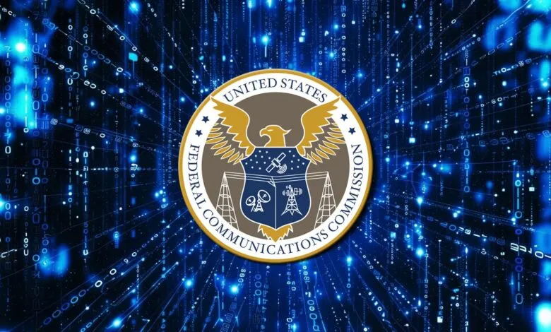 FCC logo over digital binary code background.