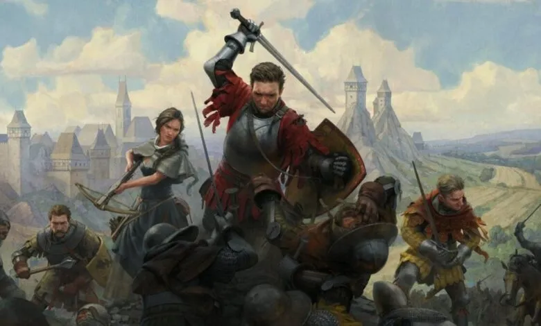 Medieval battle scene with knights fighting, a woman with a crossbow, and a castle in the background.