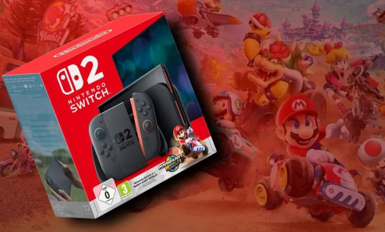Nintendo Switch console box with Mario Kart 8 Deluxe game and characters.