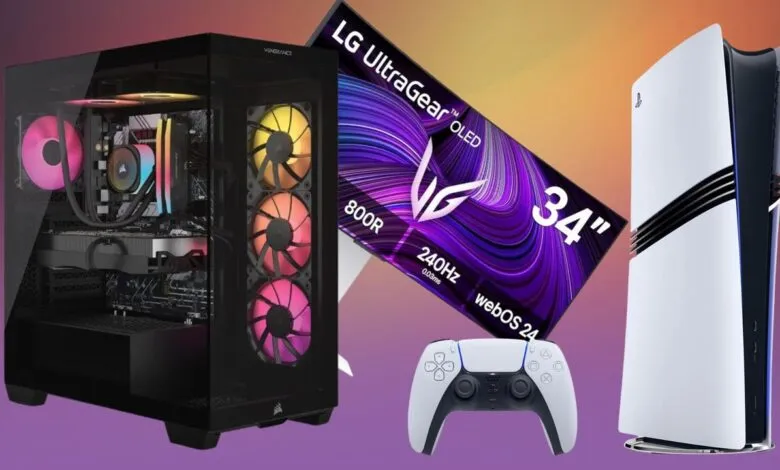 A gaming setup featuring a PC tower, ultrawide monitor, and game console controller.