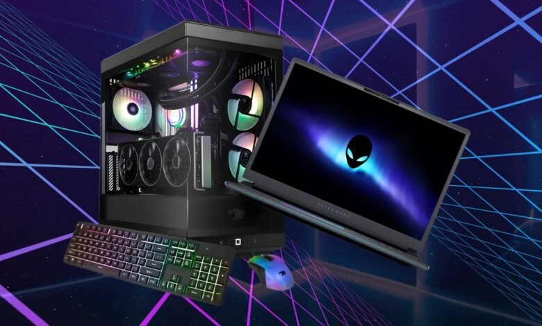 Alienware gaming PC, laptop, keyboard, and mouse with RGB lighting.