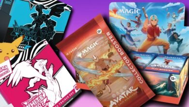 Collection of trading card game products including Pokemon, Magic the Gathering, and Avatar: The Last Airbender.