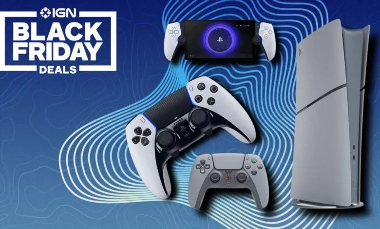 PlayStation 5 console, controllers, and handheld device on blue background for Black Friday deals.