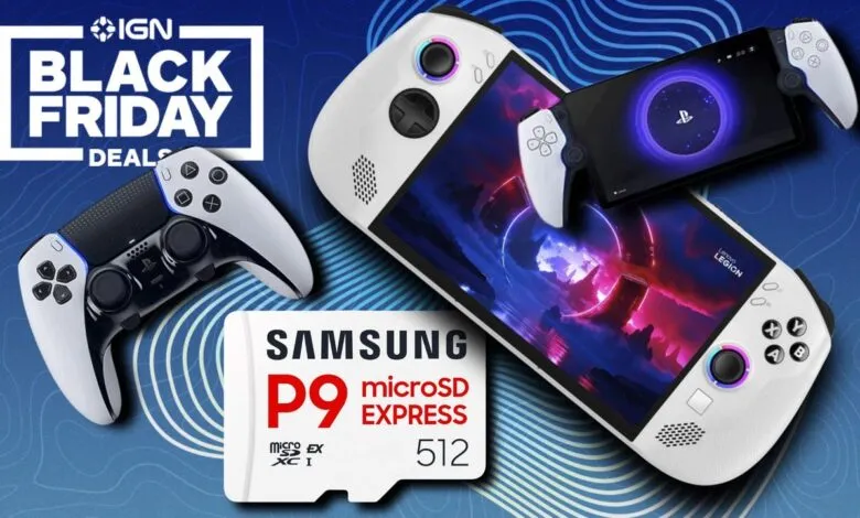 Black Friday gaming deals featuring a controller, handheld consoles, and a Samsung microSD card.
