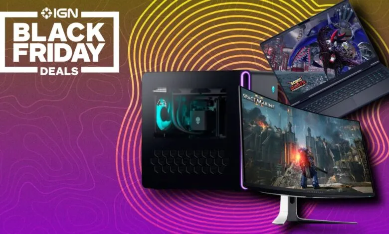 IGN Black Friday deals featuring a gaming PC, laptop, and curved monitor.