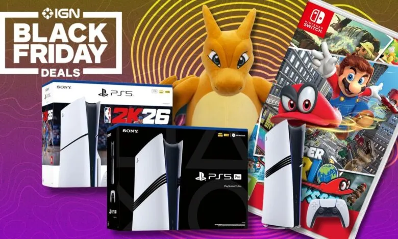 Black Friday deals featuring PS5, PS5 Pro, Nintendo Switch game, and Charizard plush.