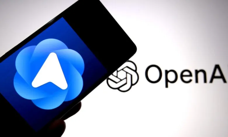 Smartphone displaying the OpenAI logo next to the company's name.