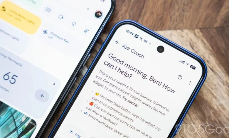 Two smartphones displaying smart home and fitness coaching apps.