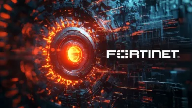 Fortinet logo superimposed on a futuristic, glowing digital network.