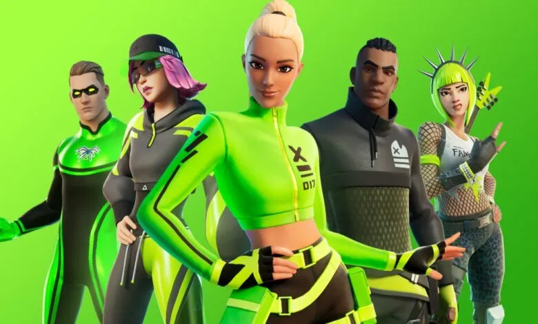 Five diverse characters in neon green and black outfits posing against a bright green background.