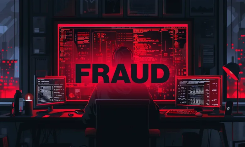 Person sits at desk with multiple monitors displaying code, 'FRAUD' overlayed in red.