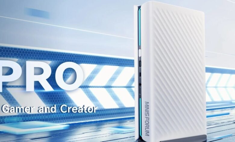 Minisforum PC for gamers and creators, white case with diagonal ridges.