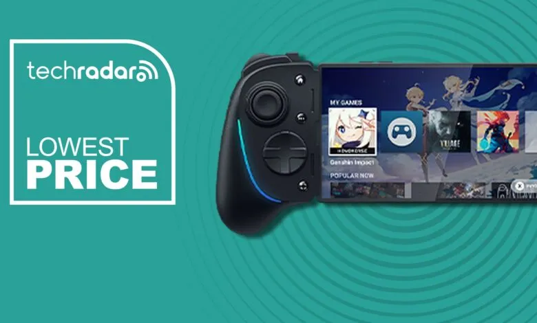 Mobile gaming controller with screen showing game selection.
