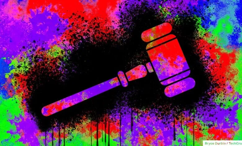 Colorful gavel illustration with paint splatters on a black background.