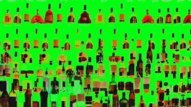 Rows of various liquor bottles and glasses displayed against a vibrant green background.