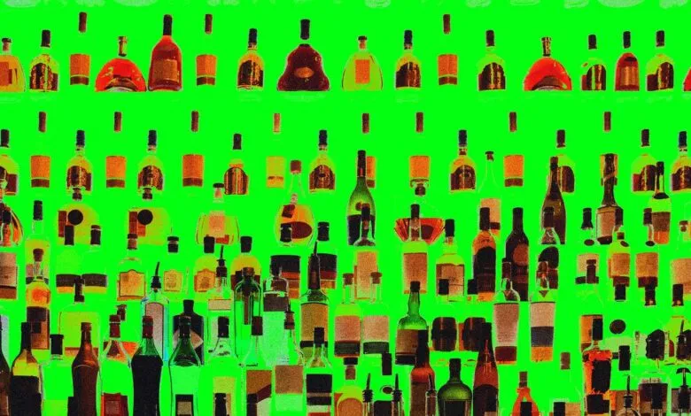 Rows of various liquor bottles and glasses displayed against a vibrant green background.