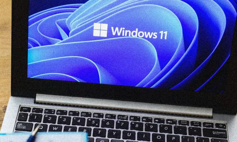 Laptop screen displaying the Windows 11 logo and wallpaper.