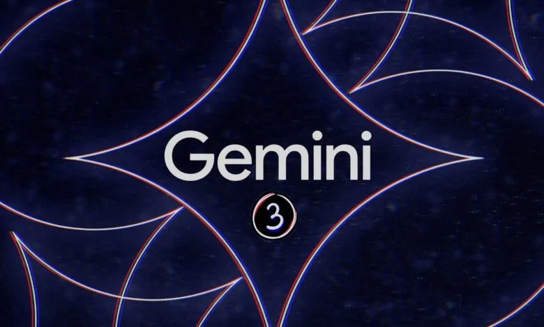 The word Gemini is displayed in white text over a dark blue background with abstract geometric patterns.