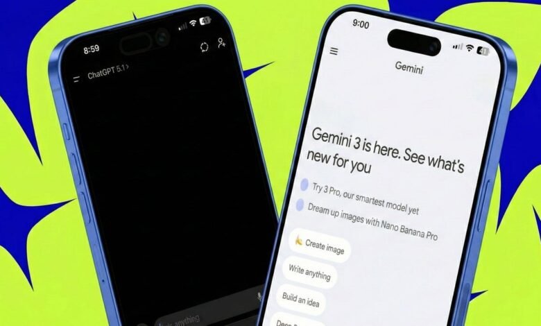 Two phones displaying ChatGPT and Gemini interfaces against a vibrant background.