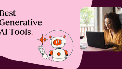 Illustration of a friendly robot with stars and text "Best Generative AI Tools."