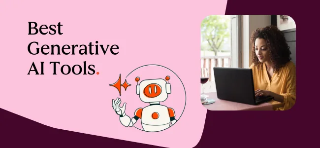 Illustration of a friendly robot with stars and text "Best Generative AI Tools."