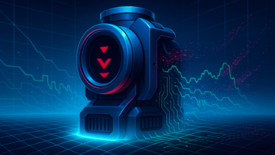 Futuristic device with downward arrows on a screen, set against a backdrop of stock market graphs.