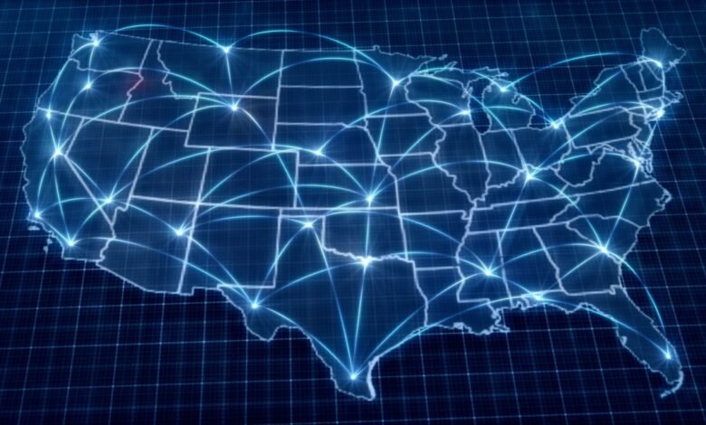 Digital map of the United States with glowing blue lines connecting major cities.