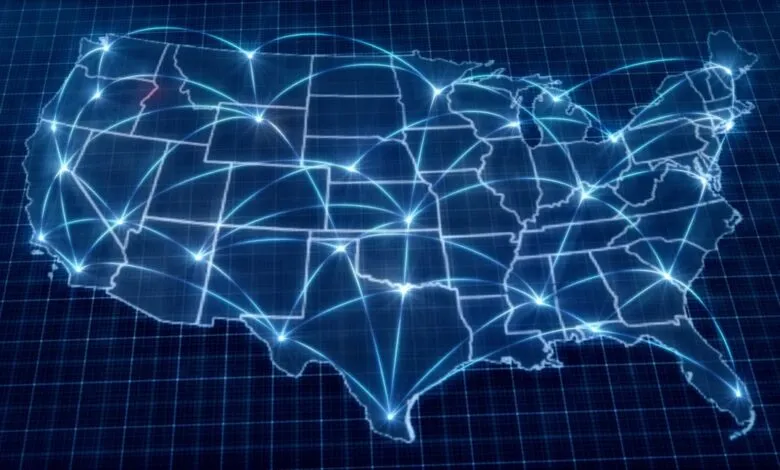 Digital map of the United States with glowing blue lines connecting major cities.