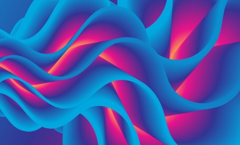 Abstract flowing waves of blue, pink, and orange gradient.